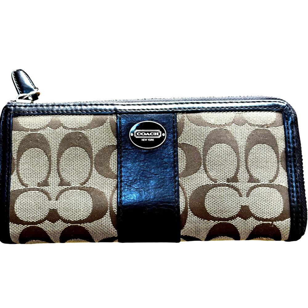 Coach zip around wallet brown tan signature logo canvas & black leather trim